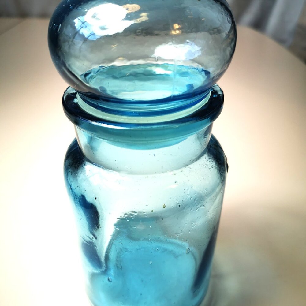 Vintage 7" Aqua Blue Glass Apothecary Jar - Bubble Top Canister Made in Belgium